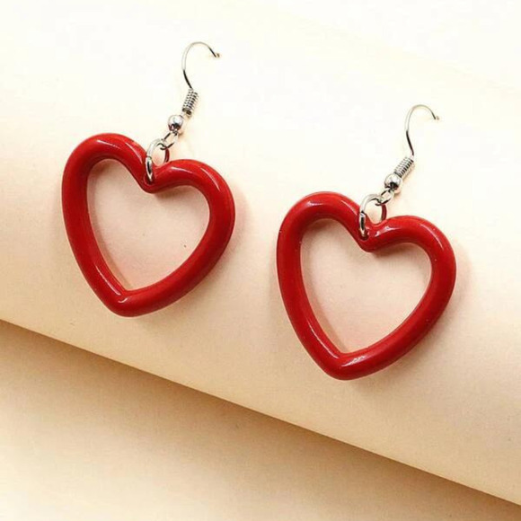 Red Heart Earrings Resin Heart Shaped Earrings Silver Hook Closure Heart Earring - Picture 1 of 7